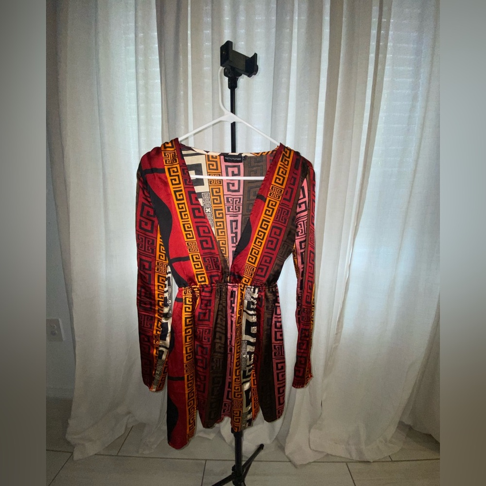 Geometric Patterned Long Sleeve Dress with Splits on both sides